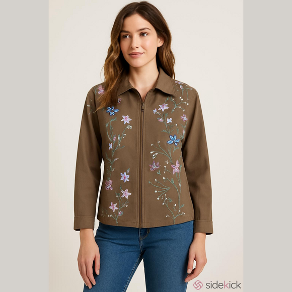Tabi Size LG Flowers & Sequins Tan Zip Up Jacket - Picture 1 of 6